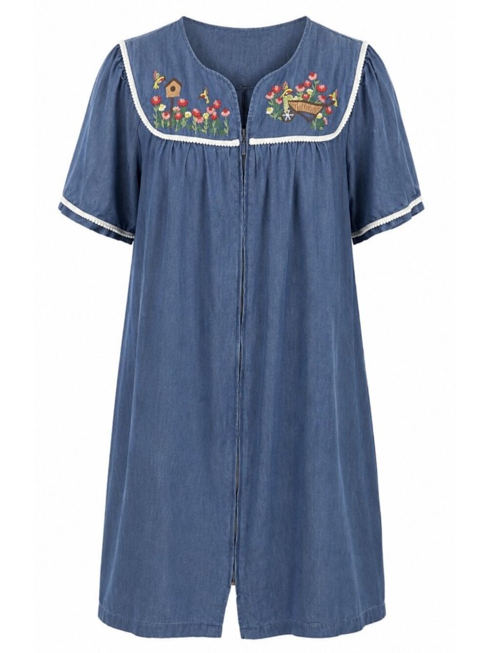 Go Softly Patio Dress Women Large Blue Denim Embroidered Flowers Bird Zip Front